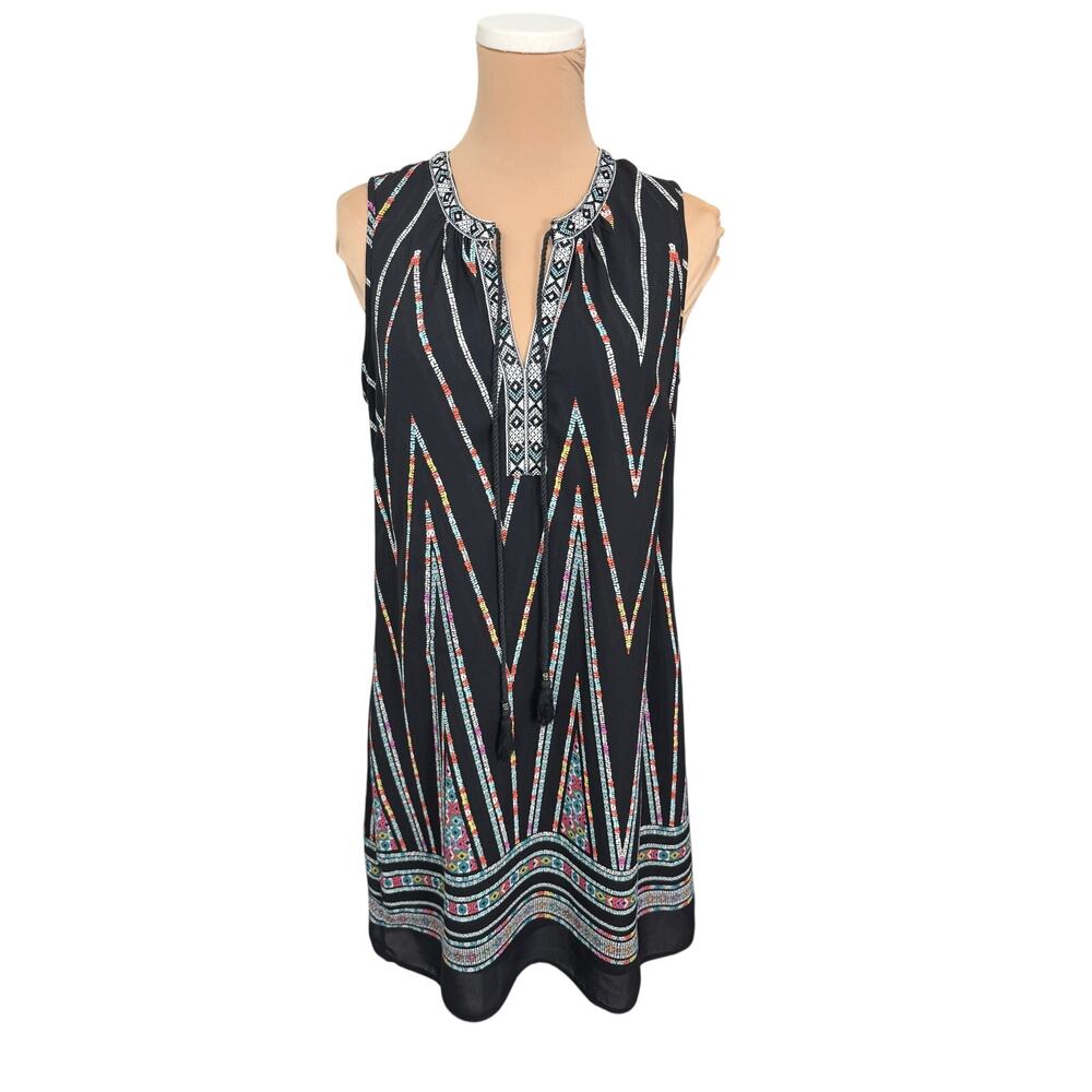 DR2 Boho Chic Black Sleeveless Shift Dress Small Festival Aztec Print
